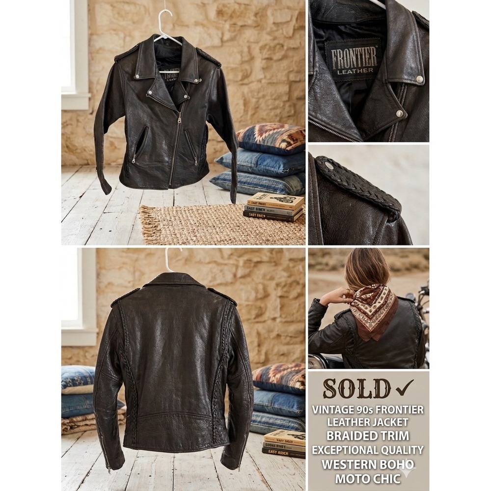 Vintage 90s Frontier Leather Biker Jacket Braided Trim Western Boho Moto Chic